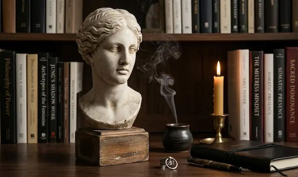 Busto clásico de mármol de una mujer (estilo Afrodita/Venus) situado sobre un escritorio de madera en una biblioteca de ambiente oscuro y académico. A su lado, hay una vela encendida en un candelabro de latón, un pequeño cuenco de incienso del que emana un hilo de humo, un diario de cuero negro con una pluma estilográfica y un anillo de plata. Al fondo, estanterías repletas de libros con títulos visibles como 'Philosophy of Power', 'Jung's Shadow Work', 'The Mistress Mindset' y 'Sacred Dominance', creando una atmósfera intelectual y ritualista bajo una luz cálida y tenue.